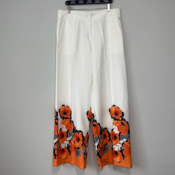 Adrienne & Sandrine White Floral Trouser Pants Size 48 - Picture 1 of 6
